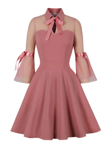 Retro Kleid der 1950er Jahre Audrey Hepburn Stil Pink Color Block Damen 3/4 Ärmel Rockabilly Kleid