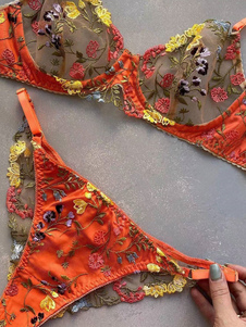 Lingerie Bras Women Bra Orange Lace 2-Piece Sexy Hot Underwear