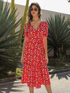 Boho Dress Lace Up V-Neck Short Sleeves Printed Beach Dress