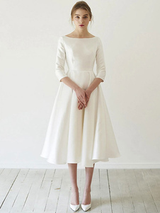 Short Wedding Dresses Jewel Neck 3/4 Length Sleeves A-Line Tea-Length Bridal Gowns