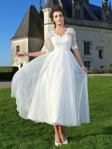 Short Wedding Dresses V-Neck Half Sleeves A-Line Bridal Dresses