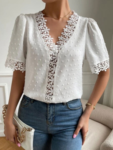 Shirt für Frauen, weiße Applikation, V-Ausschnitt, lässig, kurze Ärmel, Polyester-Oberteile