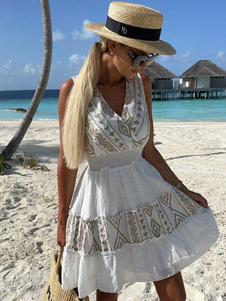 Vestido de verano con cuello en V geométrico con cordones sin espalda negro extra corto vestido de playa