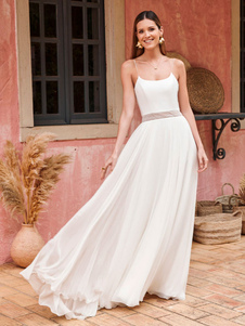 Ivory Boho Wedding Dress Lace A-Line With Train Spaghetti Straps Backless Sleeveless Jewel Neck Bridal Gown