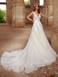 Wedding Dress A-Line V-Neck Sleeveless With Train Bridal Gowns