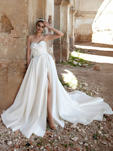 Vintage Wedding Dress With Train Strapless Sleeveless Split Front Satin Fabric Bridal Gowns