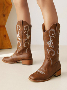 Botas de media pantorrilla para mujer Botas de vaquero de punta redonda de cuero PU Zapatos de boda de vaquera