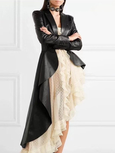 Faux Leder Tail Blazer Jacke für Frauen Schwarz PU High Low Design Frühling Herbst Slim Fit Oberbekleidung mit Gürtel für Frauen