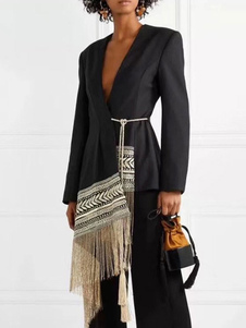 Black Blazer Jacket Bohemian Gypsy Embroidered Chic Fringe Spring Fall Street Outerwear For Women