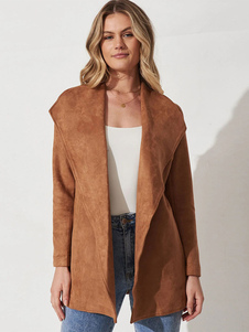 Long Blazer Jacket For Women Coffee Brown Suede Solid Color Casual Large Lapel Spring Fall Relaxed Outerwear With Belt