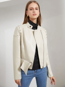 Giacca in ecopelle Sage PU Colletto alla coreana con cerniera Vestibilità rilassata Rivetto Primavera Autunno Biker Capispalla per donna
