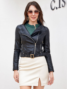 Kunstlederjacke, PU-Gürtel, hohe Taille, Reißverschluss, Revers, Frühling, Herbst, Straße, Biker-Oberbekleidung für Damen