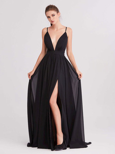 Black Prom Dress 2023 V-Neck A-Line Sleeveless Split Front Pageant Dresses Free Customization