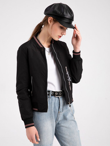 Chaqueta Bomber bordada, chaqueta de béisbol negra, cuello levantado, informal, con cremallera, para primavera y otoño, ropa de calle rellena de algodón para mujer