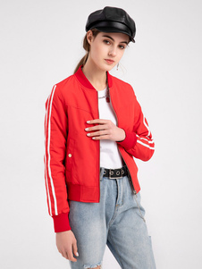 Bomber Jacket Stand Collar Baseball Jacket Red Two Tone Zip Up Casual Spring Fall Cotton Filled Street Outerwear For Women