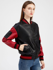 Chaqueta de bombardero Chaqueta de béisbol de piel sintética de gran tamaño Dos tonos con cremallera Rojo Primavera Otoño Prendas de abrigo para mujer