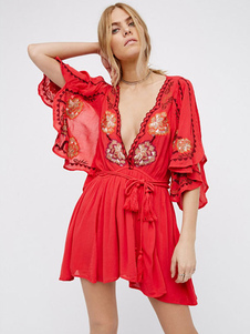 Boho Kleid Blumenstickerei Baumwolle tiefer V-Ausschnitt Schlitz Halbarm Bohemian Gypsy Sommerurlaub Mini Strandkleid
