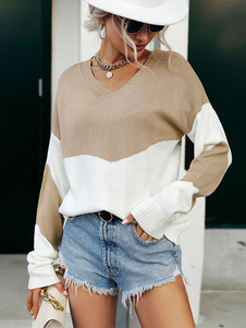Damen Pullover Pullover Khaki Streifen V-Ausschnitt Langarm Polyester Pullover