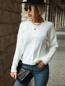 Jersey de mujer Suéter blanco Cuello joya Manga larga Suéteres de poliéster