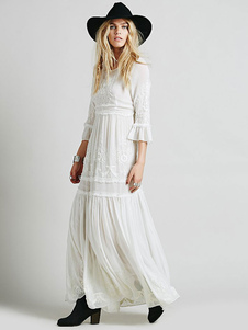 Abito Boho bianco in cotone girocollo manica a 3/4 ricamato Bohemian Gypsy primavera autunno abito da sposa lungo per le donne
