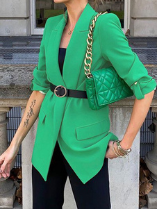 Blazer-Jacke, grün, einfarbig, Umlegekragen, vorne offen, entspannte Passform, Frühling, Herbst, schicke Straßenoberbekleidung für Damen