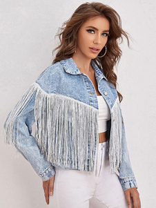 Denim Jacket Turndown Collar Fringe High Waist Oversized Relaxed Fit Spring Fall Chic Street Outerwear For Women