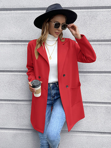 Blazer Jacket Red Long Sleeve Double Breasted Lapel Solid Color Relaxed Fit Casual Spring Fall Street Outerwear For Women
