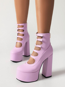 Damen -Knöchelstiefel rosa PU Leder runde Zehenköpfe Fersenstiefel