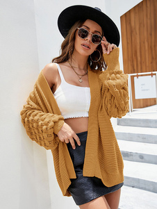 Knitted Cardigans Yellow Bishop Sleeve Long Sleeves Open Front Casual Relaxed Fit Spring Fall Street Outerwear For Women