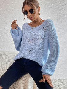 Pullovers For Women Light Sky Blue Jewel Neck Long Sleeves Cotton Sweaters