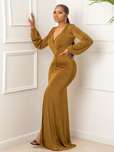 Vestido Maxi Cuello en V Mangas Largas Lycra Spandex Vestido Casual Hasta el Suelo