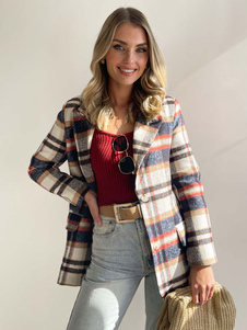 Blazer para mujer Chic Poliéster A cuadros Turndown Collar Bolsillos Mangas largas Prendas de abrigo