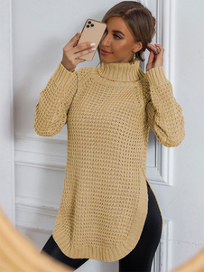 Jersey de mujer Suéter gris claro Cuello alto Manga larga Suéteres de algodón