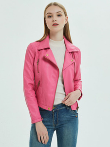 Chaqueta de motociclista de cuero de imitación Magenta PU Turndown Collar Zip Up Slim Fit Lapel Spring Fall Biker prendas de vestir exteriores para mujeres