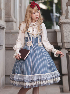 Vestido clásico de Lolita Lazos de algodón Sin mangas Vestidos de Lolita Rayas Azul cielo claro