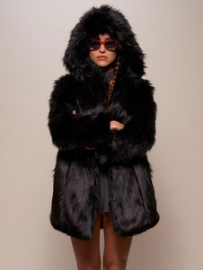 Cappotto in pelliccia sintetica felpata Capispalla invernale nero con cappuccio per donna