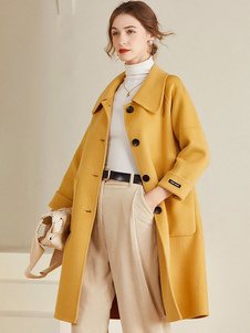 Women's Coat 100% Wool Yellow Winter Midi Outerwear 2023