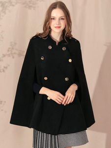 Abrigo de poncho negro Abrigo de primavera con doble botonadura para mujer