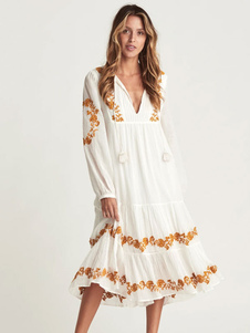 Vestido bohemio con cuello en V, manga larga, blanco, bohemio, gitano, vacaciones en la playa, primavera, verano, vestido de cambio a media pierna para mujer