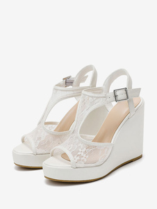 Sapatos de noiva femininos de renda branca com bico aberto sapatos de noiva
