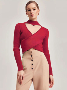 Long Sleeves Tees Red Jewel Neck Women Tee Shirt