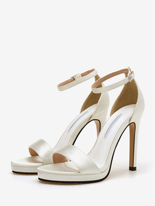 Chaussures De Mariée Satin Blanc Bout Ouvert Talon Aiguille Sandales De Mariée Pour Femmes