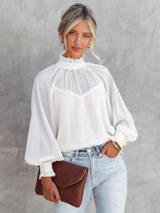 Shirt For Women White High Collar Casual Long Sleeves Tops