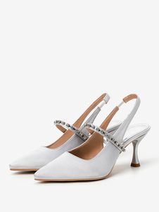 Zapatos de novia para mujer Cadenas de punta en punta de plata satinada Zapatos de novia con tacón en forma especial