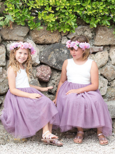 Lavendel Blumenmädchenkleid Spitze Jewel Neck Ärmellose Geburtstagsfeierkleider