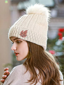 女性の帽子ファッション ポンポン ポリエステル リーフ装飾かわいい冬暖かい帽子