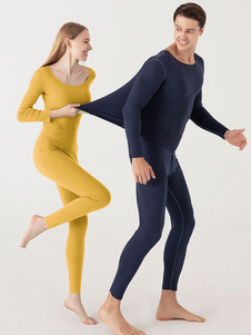 Conjuntos de ropa para el hogar Ropa interior térmica Azul marino oscuro Joya Cuello Manga larga Poliéster de invierno Tops y pantalones para interiores