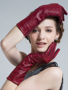Rivets Ladies Warm Heated Winter Leather Waterproof Long Gloves For Women
