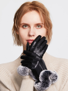 Guantes cortos impermeables de cuero de invierno con calefacción para mujer, decoración de piel sintética, para mujer