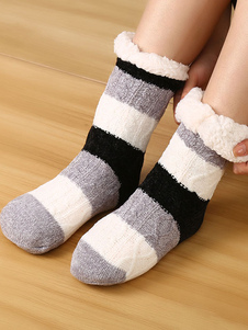 Schwarze Streifen, hochwertige, flauschige, gestrickte, dicke, warme, gemütliche, flauschige Calcetines-Felpa-Boden-Invierno-Damensocken